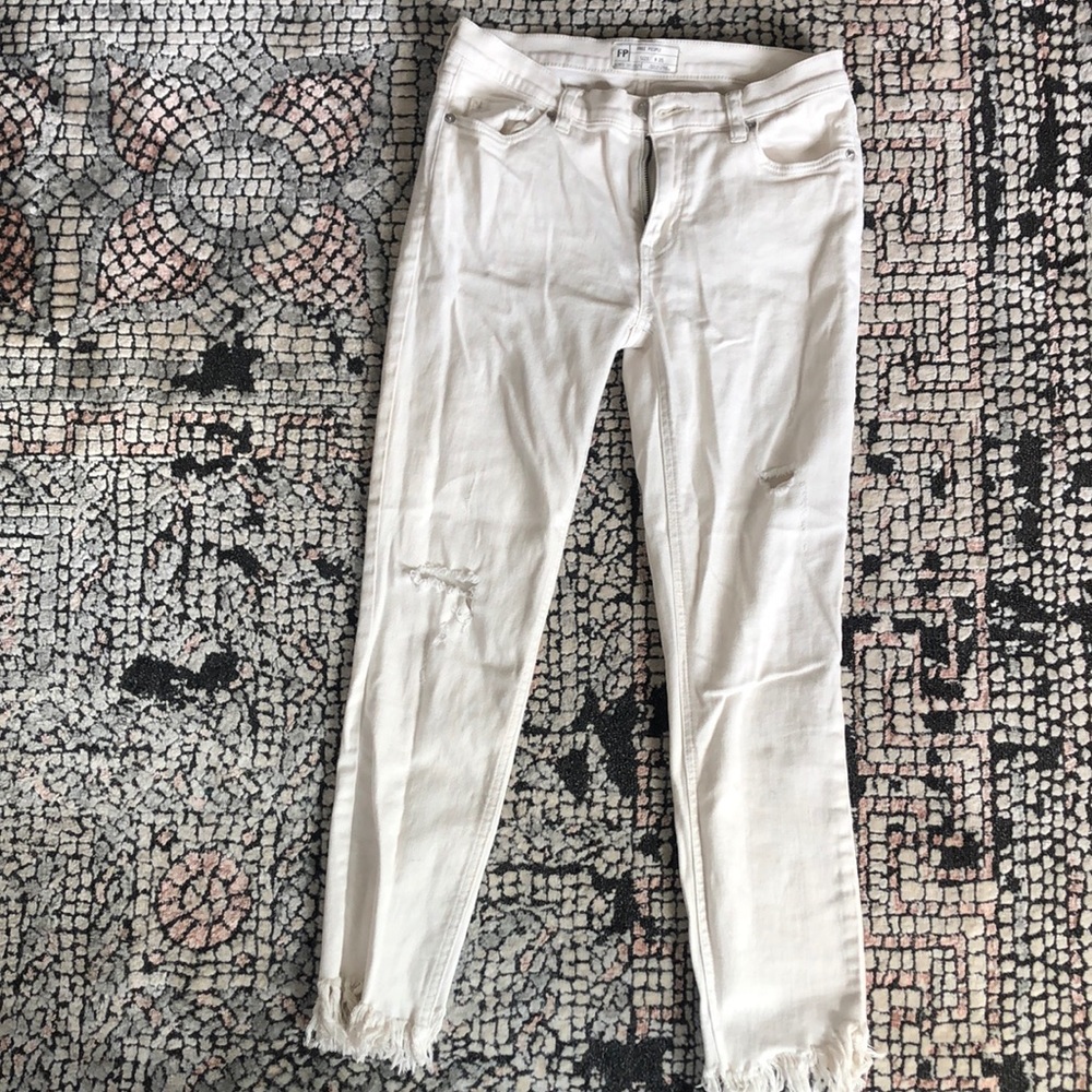 Free People White Cropped Fringe Jeans